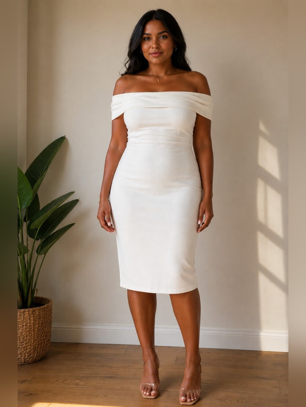 NWT Fitted Creamy White Off-The-Shoulder Peek-a-Boo Backless Dress